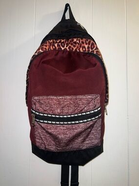 PINK Victoria's Secret Burgundy Sling Backpack with Leopard Trim
